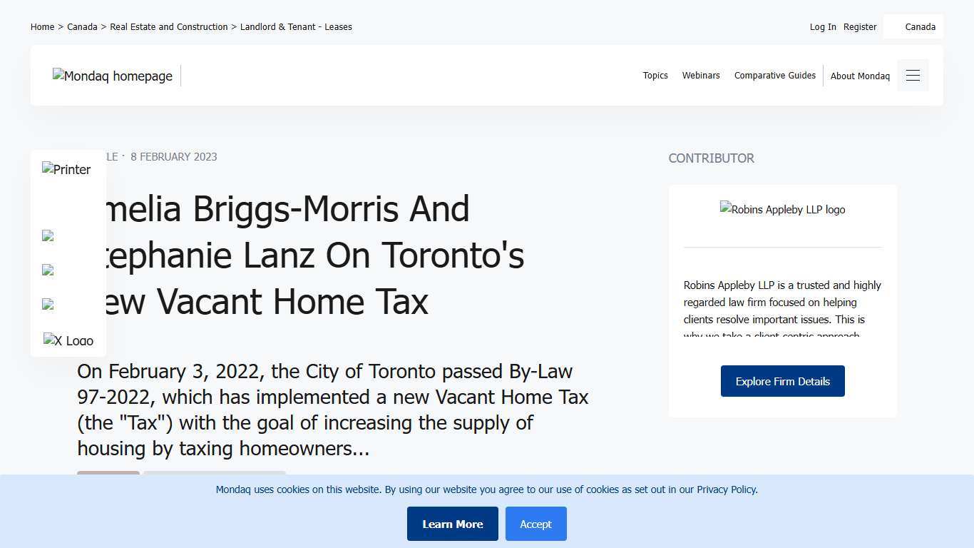 Amelia Briggs-Morris And Stephanie Lanz On Toronto's New Vacant Home Tax - Landlord & Tenant - Leases - Canada